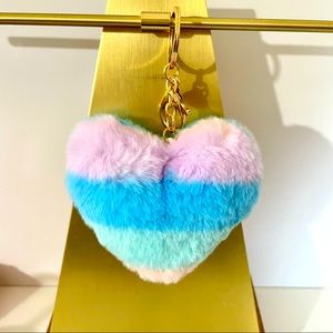 Heart Shape Pom Pom Keychain - Blue/Lavender Stripes